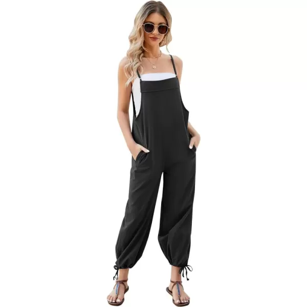 Flygo Cotton Linen Black Overalls for Women Loose Fit Adjustable Bib Overall Jumpsuit Rompers
