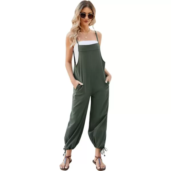 Flygo Cotton Linen Black Overalls for Women Loose Fit Adjustable Bib Overall Jumpsuit Rompers