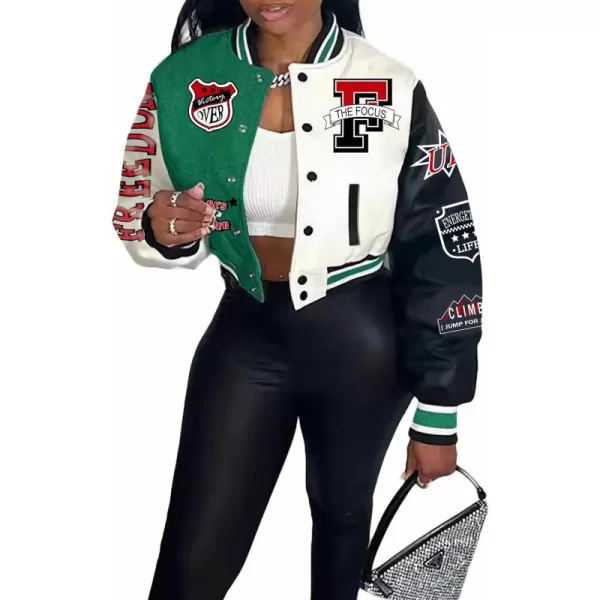 Flygo Women's Cropped Varsity Jacket Baseball Jacket Colorblock Letter Print Y2k Button Down Bomber Uniform