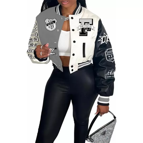 Flygo Women's Cropped Varsity Jacket Baseball Jacket Colorblock Letter Print Y2k Button Down Bomber Uniform
