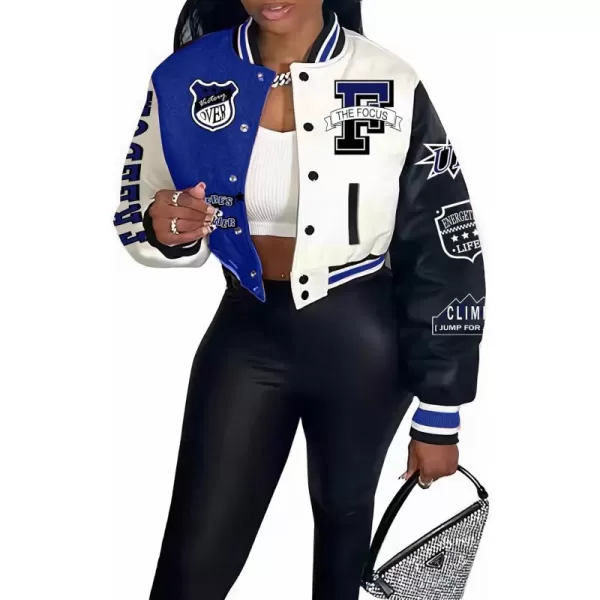 Flygo Women's Cropped Varsity Jacket Baseball Jacket Colorblock Letter Print Y2k Button Down Bomber Uniform