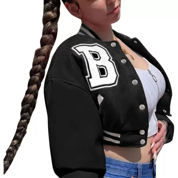Flygo Women's Cropped Varsity Jacket Baseball Jacket Colorblock Letter Print Y2k Button Down Bomber Uniform