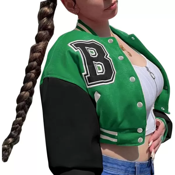 Flygo Women's Cropped Varsity Jacket Baseball Jacket Colorblock Letter Print Y2k Button Down Bomber Uniform