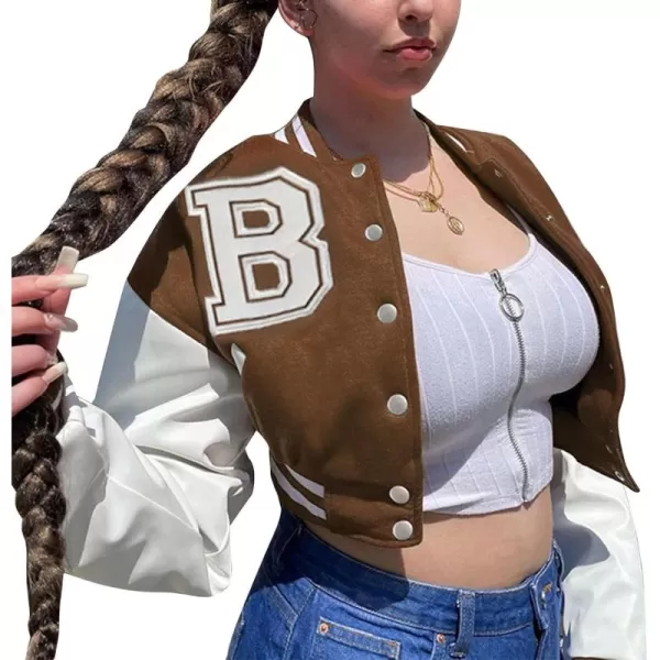 Flygo Women's Cropped Varsity Jacket Baseball Jacket Colorblock Letter Print Y2k Button Down Bomber Uniform