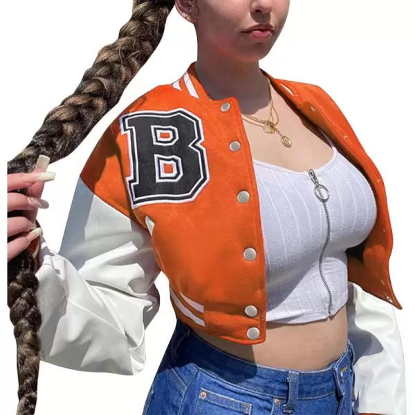 Flygo Women's Cropped Varsity Jacket Baseball Jacket Colorblock Letter Print Y2k Button Down Bomber Uniform