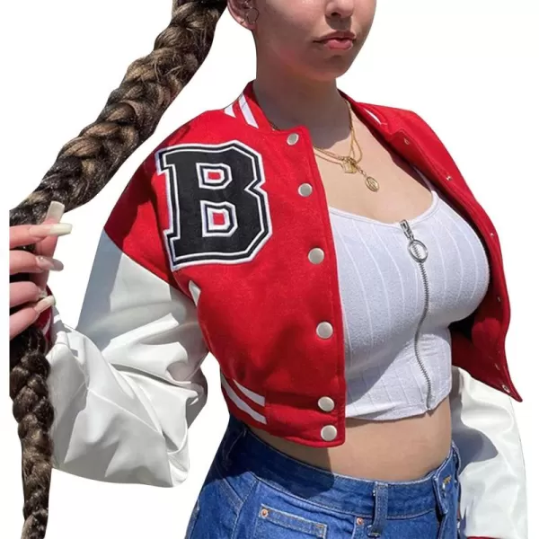 Flygo Women's Cropped Varsity Jacket Baseball Jacket Colorblock Letter Print Y2k Button Down Bomber Uniform