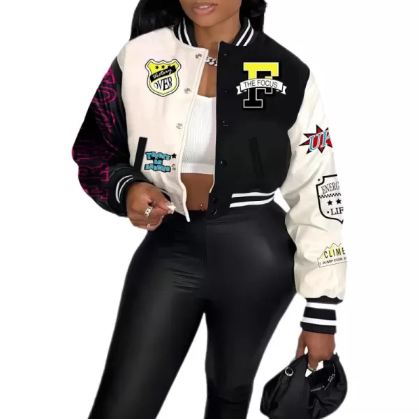 Flygo Women's Cropped Varsity Jacket Baseball Jacket Colorblock Letter Print Y2k Button Down Bomber Uniform