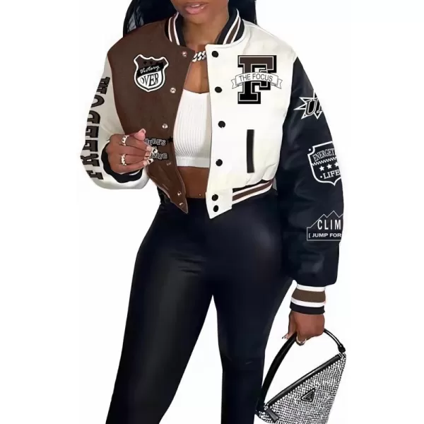 Flygo Women's Cropped Varsity Jacket Baseball Jacket Colorblock Letter Print Y2k Button Down Bomber Uniform
