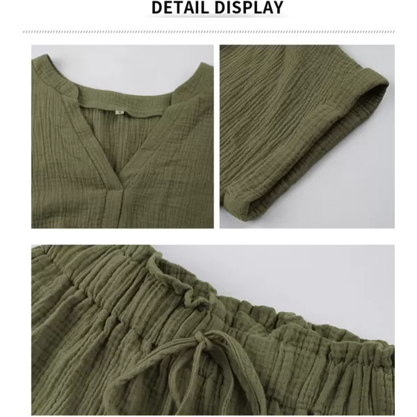 Flygo 2 Piece Outfits for Women Cotton Linen V Neck Short Sleeve Shirt Shorts Lounge Set with Pockets