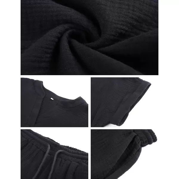 Flygo 2 Piece Outfits for Women Cotton Linen V Neck Short Sleeve Shirt Shorts Lounge Set with Pockets