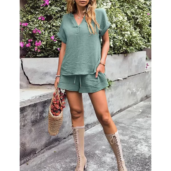 Flygo 2 Piece Outfits for Women Cotton Linen V Neck Short Sleeve Shirt Shorts Lounge Set with Pockets