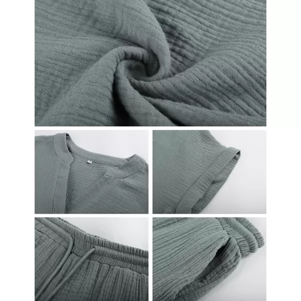Flygo 2 Piece Outfits for Women Cotton Linen V Neck Short Sleeve Shirt Shorts Lounge Set with Pockets