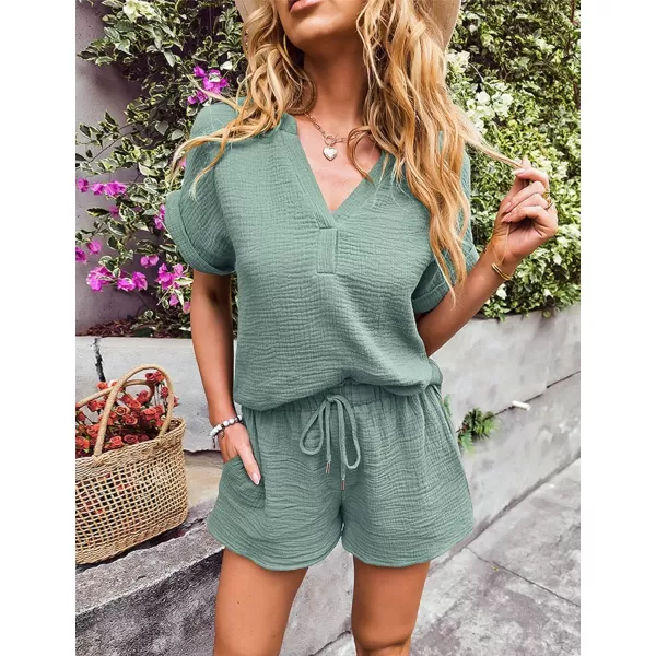 Flygo 2 Piece Outfits for Women Cotton Linen V Neck Short Sleeve Shirt Shorts Lounge Set with Pockets