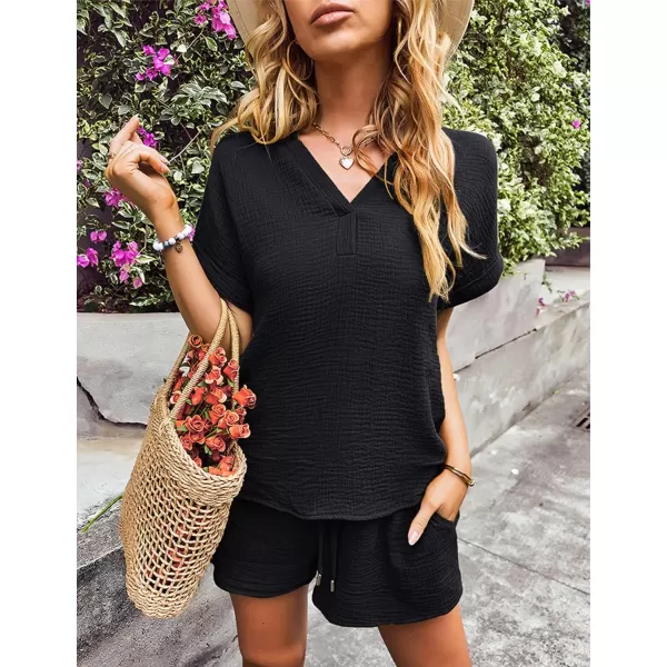 Flygo 2 Piece Outfits for Women Cotton Linen V Neck Short Sleeve Shirt Shorts Lounge Set with Pockets