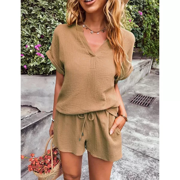 Flygo 2 Piece Outfits for Women Cotton Linen V Neck Short Sleeve Shirt Shorts Lounge Set with Pockets