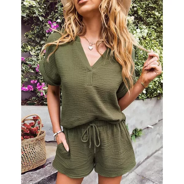 Flygo 2 Piece Outfits for Women Cotton Linen V Neck Short Sleeve Shirt Shorts Lounge Set with Pockets
