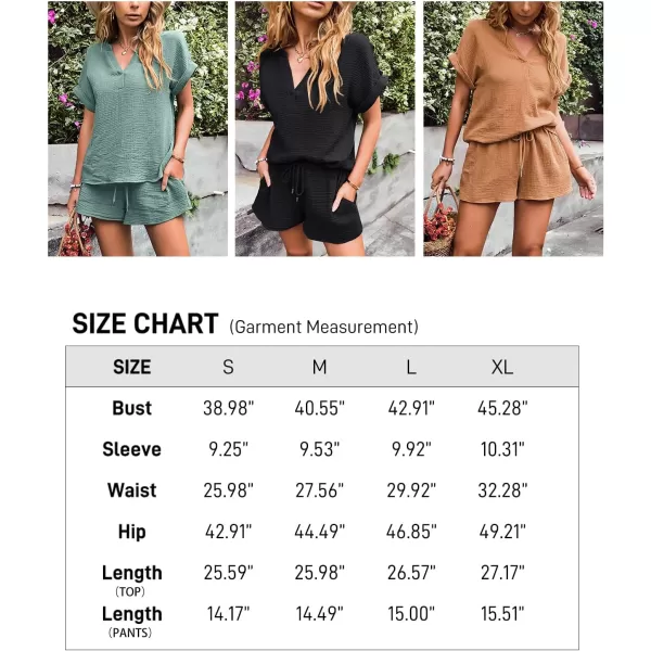 Flygo 2 Piece Outfits for Women Cotton Linen V Neck Short Sleeve Shirt Shorts Lounge Set with Pockets