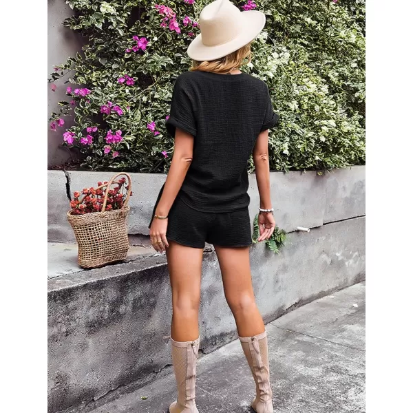 Flygo 2 Piece Outfits for Women Cotton Linen V Neck Short Sleeve Shirt Shorts Lounge Set with Pockets