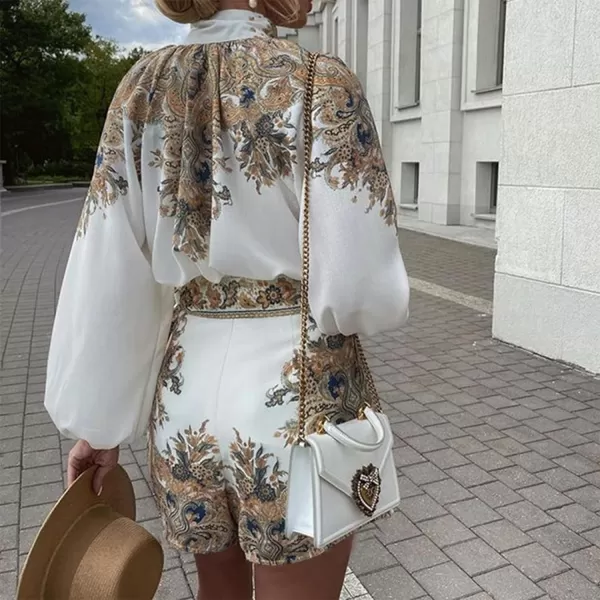 Flygo 2 piece Shirt and Shorts Sets Button Blouse Printing Loose Cotton Linen Elastic Waist Lounge Set Outfits
