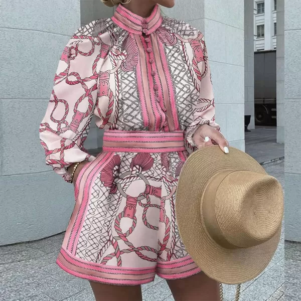 Flygo 2 piece Shirt and Shorts Sets Button Blouse Printing Loose Cotton Linen Elastic Waist Lounge Set Outfits