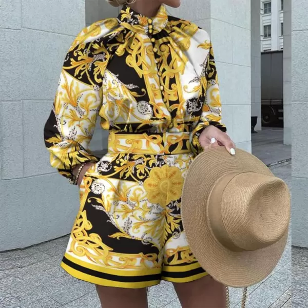 Flygo 2 piece Shirt and Shorts Sets Button Blouse Printing Loose Cotton Linen Elastic Waist Lounge Set Outfits