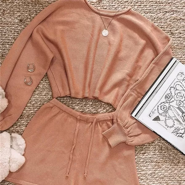 Flygo Lougewear for Women 2 Piece Knitted Jogging Suits Long Sleeve Pajamas shorts Sweatsuit Sets