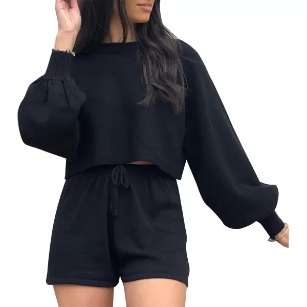 Flygo Lougewear for Women 2 Piece Knitted Jogging Suits Long Sleeve Pajamas shorts Sweatsuit Sets