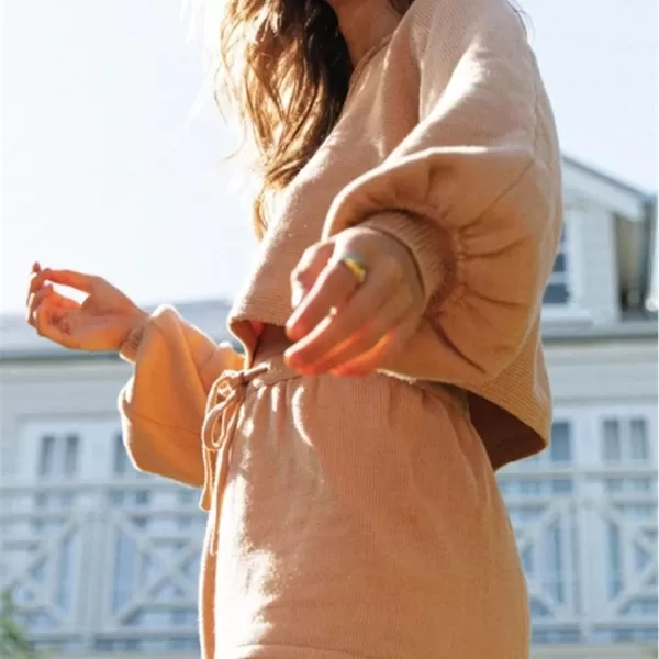Flygo Lougewear for Women 2 Piece Knitted Jogging Suits Long Sleeve Pajamas shorts Sweatsuit Sets