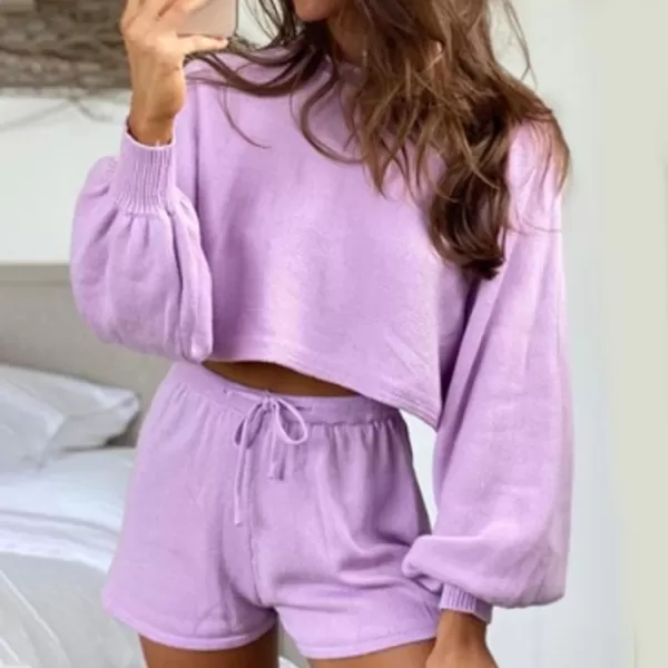 Flygo Lougewear for Women 2 Piece Knitted Jogging Suits Long Sleeve Pajamas shorts Sweatsuit Sets