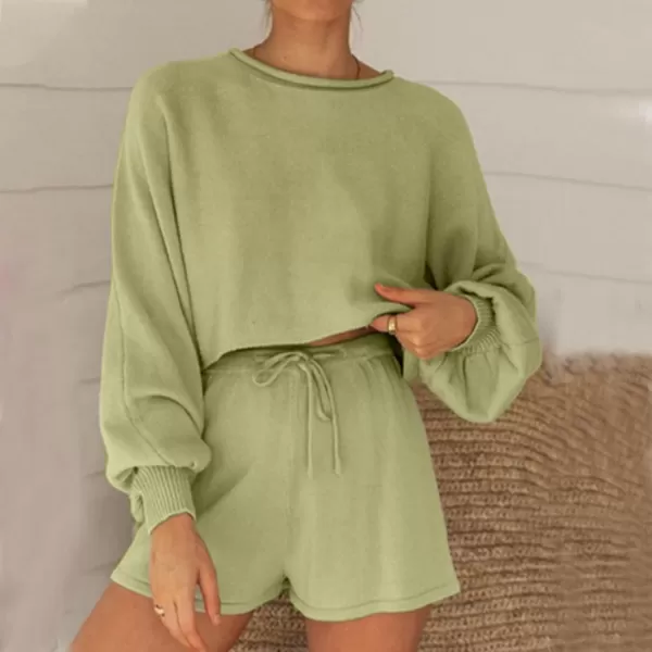 Flygo Lougewear for Women 2 Piece Knitted Jogging Suits Long Sleeve Pajamas shorts Sweatsuit Sets