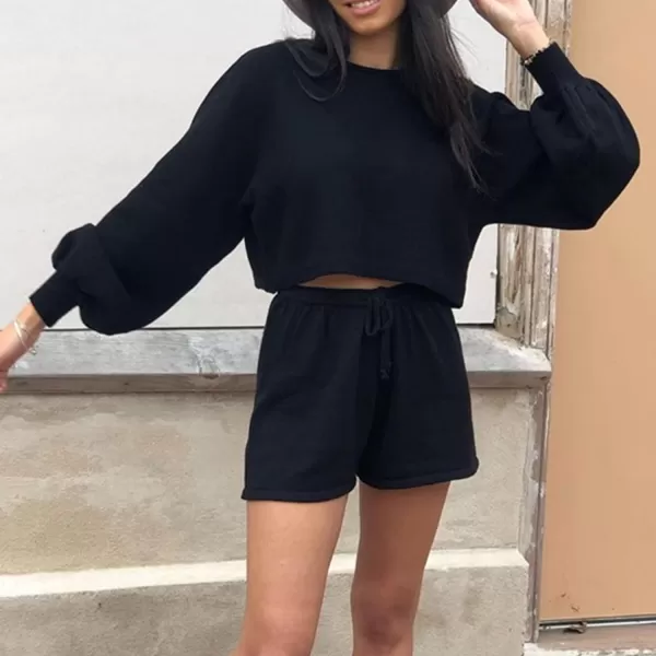 Flygo Lougewear for Women 2 Piece Knitted Jogging Suits Long Sleeve Pajamas shorts Sweatsuit Sets