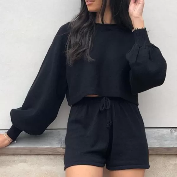Flygo Lougewear for Women 2 Piece Knitted Jogging Suits Long Sleeve Pajamas shorts Sweatsuit Sets