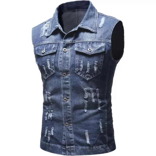 Flygo Mens Button Down Ripped Denim Vest Sleeveless Jean Trucker Jacket