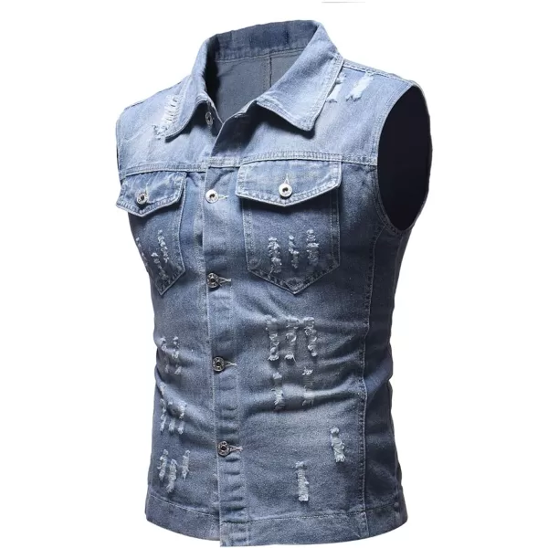 Flygo Mens Button Down Ripped Denim Vest Sleeveless Jean Trucker Jacket
