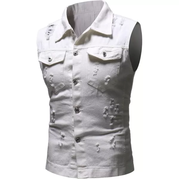 Flygo Mens Button Down Ripped Denim Vest Sleeveless Jean Trucker Jacket