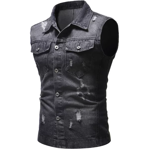 Flygo Mens Button Down Ripped Denim Vest Sleeveless Jean Trucker Jacket