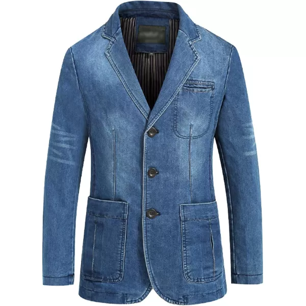Flygo Men's Casual 3 Buttons Denim Blazer Slim Lapel Washed Denim Suit Jacket
