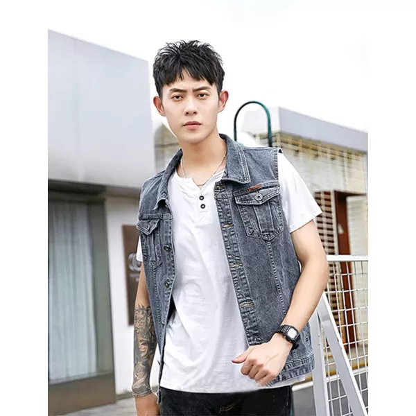Flygo Men's Casual Lapel Button-Down Denim Vest Sleeveless Trucker Jeans Vests Jacket