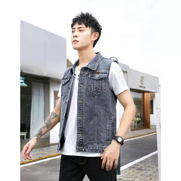 Flygo Men's Casual Lapel Button-Down Denim Vest Sleeveless Trucker Jeans Vests Jacket