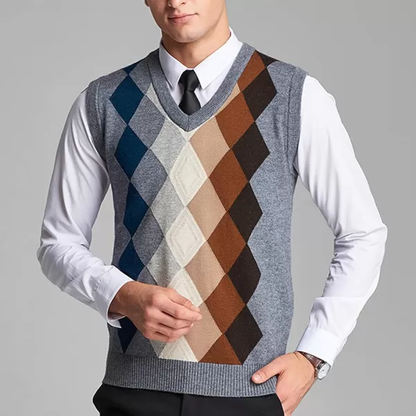 Flygo Men's Casual V-Neck Argyle Knitted Pullover Sweater Vest Knitwear Waistcoat