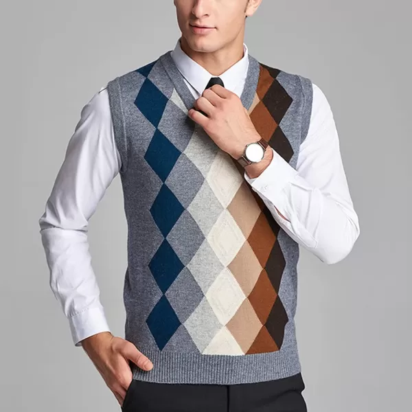 Flygo Men's Casual V-Neck Argyle Knitted Pullover Sweater Vest Knitwear Waistcoat
