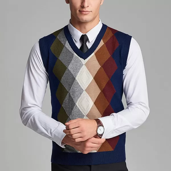 Flygo Men's Casual V-Neck Argyle Knitted Pullover Sweater Vest Knitwear Waistcoat