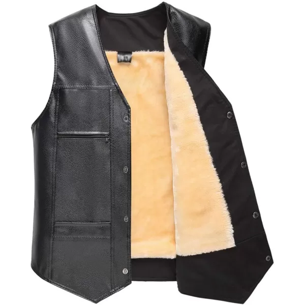 Flygo Men's Classic PU Leather Vest Fleece Sherpa Lined Waistcoat Sleeveless Button Down V Neck Jacket