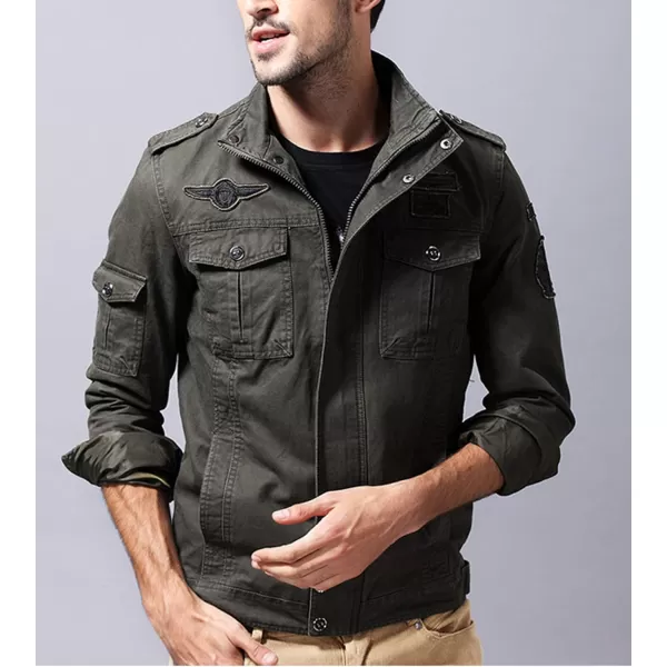 Flygo Men's Cotton Stand Collar Military Jacket Outdoor Windbreaker Coat with Shoulder Straps