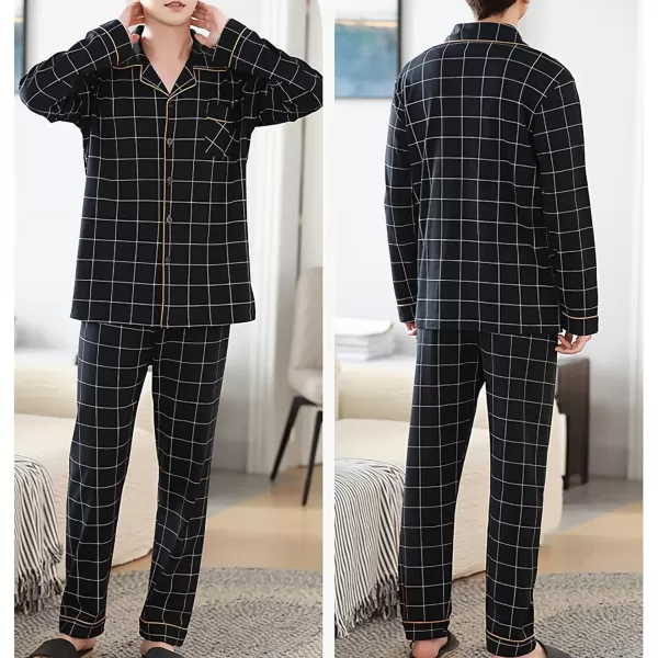 Flygo Mens Cotton Woven Plaid Sleepwear Long Sleeve Button-Down Pajamas Set
