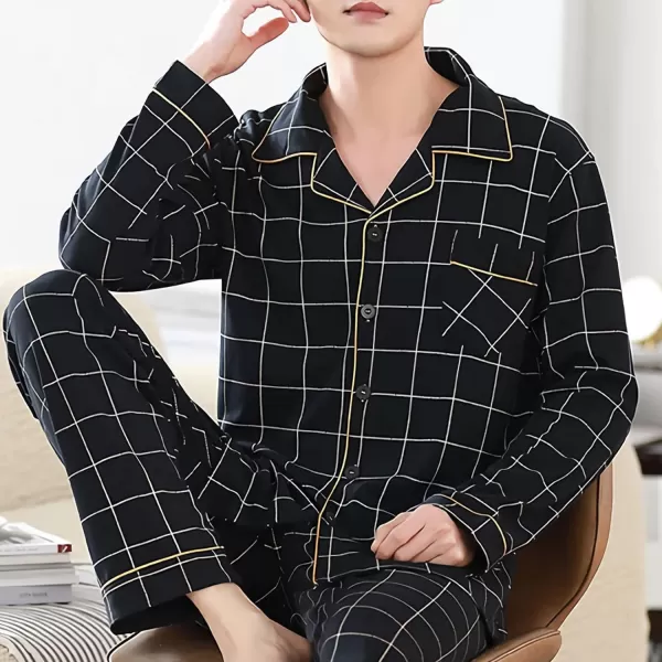 Flygo Mens Cotton Woven Plaid Sleepwear Long Sleeve Button-Down Pajamas Set