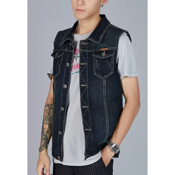 Flygo Men's Lapel Button Down Sleeveless Denim Jean Vest Trucker Jacket Waistcoat 3XL