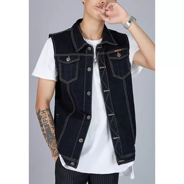 Flygo Men's Lapel Button Down Sleeveless Denim Jean Vest Trucker Jacket Waistcoat 3XL