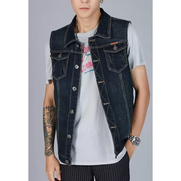 Flygo Men's Lapel Button Down Sleeveless Denim Jean Vest Trucker Jacket Waistcoat 3XL