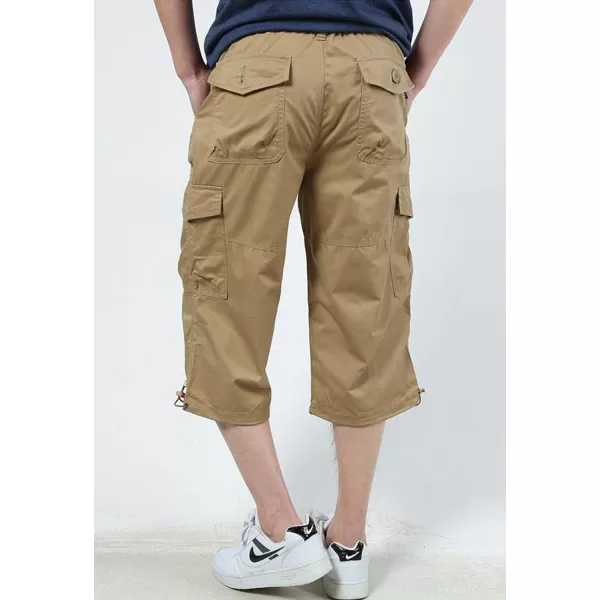 Flygo Men's Twill Elastic Cargo Shorts Below Knee Loose Multi-Pockets Capri Long Shorts
